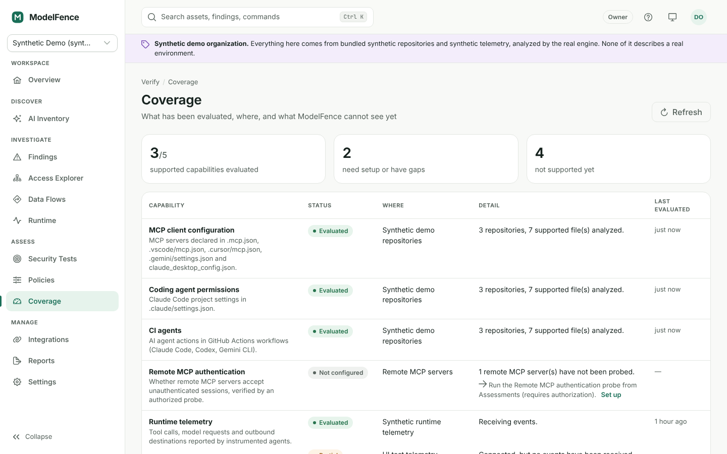 Coverage summary and source-level capability evaluations in the synthetic demo organization.