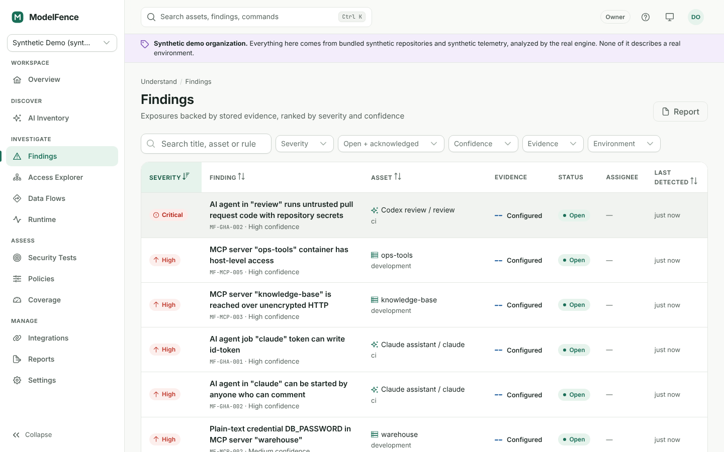 Findings list with severity, evidence state, workflow status, and assignee columns in the synthetic demo organization.